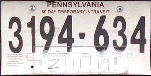 60-day temporary in-transit tag representing services of vehicle services company Messenger Service Inc in Monroeville, PA