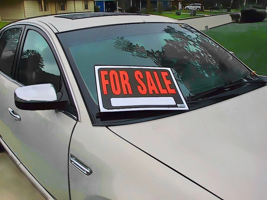 A for sale sign on a car representing vehicle services of vehicle services company Messenger Service Inc in Monroeville, PA