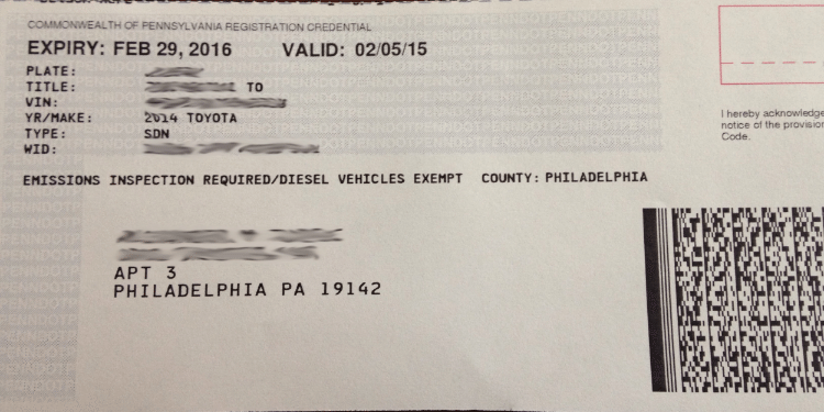 PA vehicle registration example representing the services of notary services company Messenger Service Inc servicing South Hills, PA