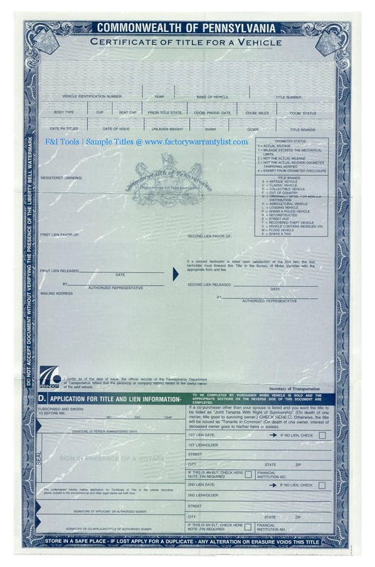 PA certificate of title for a vehicle representing services of notary license company Messenger Service Inc servicing South Hills, PA